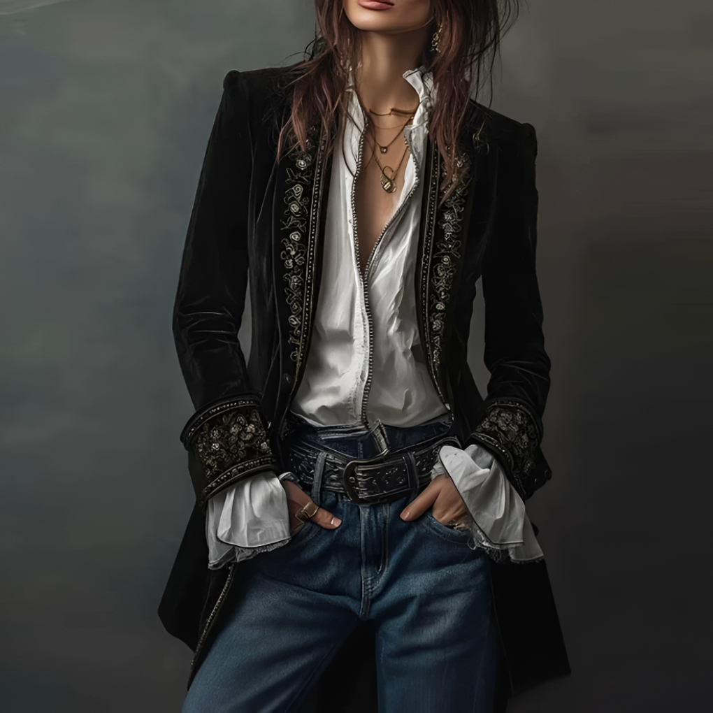 Stijlvolle dames geborduurde lange blazer, chique en comfortabel voor een modieuze smart casual look.