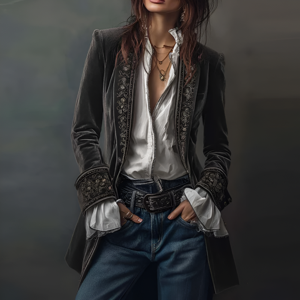 Gedetailleerd geborduurde lange blazer voor dames, een elegante toevoeging aan formele of casual outfits.