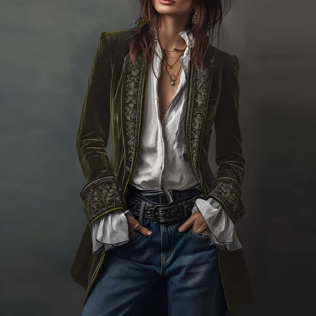 Unieke geborduurde lange dames blazer, veelzijdig design met prachtige details, perfect voor elke gelegenheid.