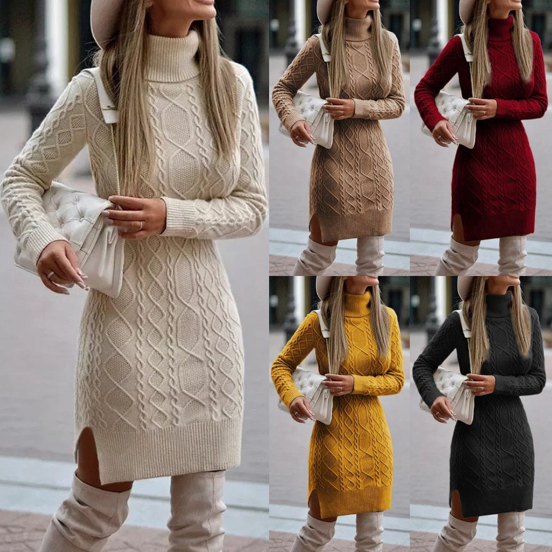 Warme gebreide coltrui jurk voor dames. Stijlvolle lange mouw winterjurk, comfortabele en veelzijdige kleding.