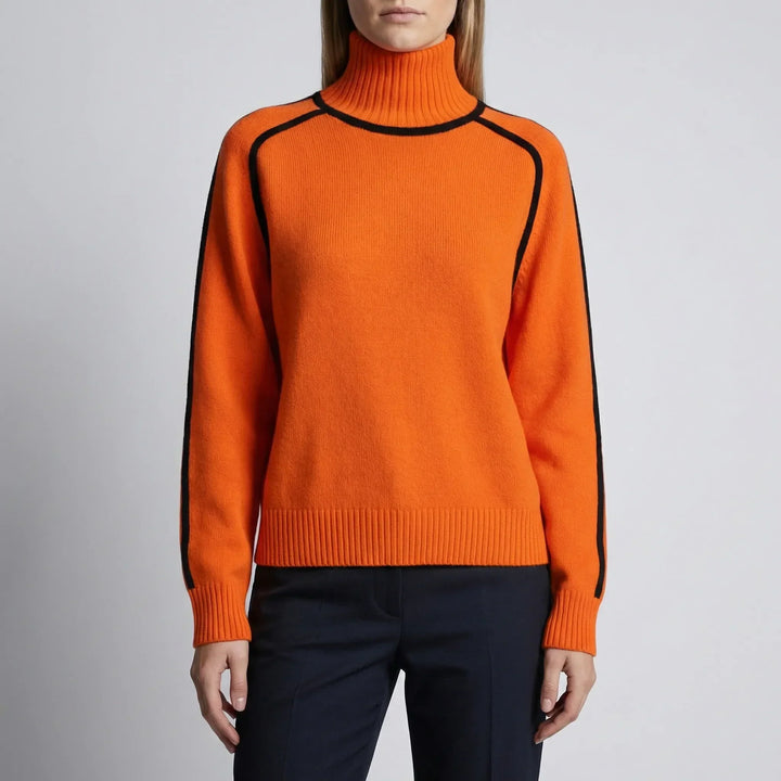 Trendy gebreide damestrui met opvallende contrastafwerking; perfect voor elke gelegenheid.