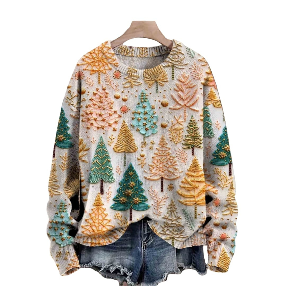 Casual dames gebreide trui met beige, groene boompatroon en ronde hals. Perfecte herfstmode voor een comfortabele look.