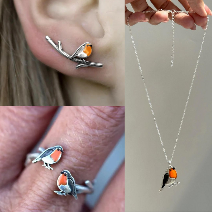 Dames geluksvogel sieradenset met ketting en oorbellen, symbool van hoop en nieuw begin. Elegant roodborstje design.