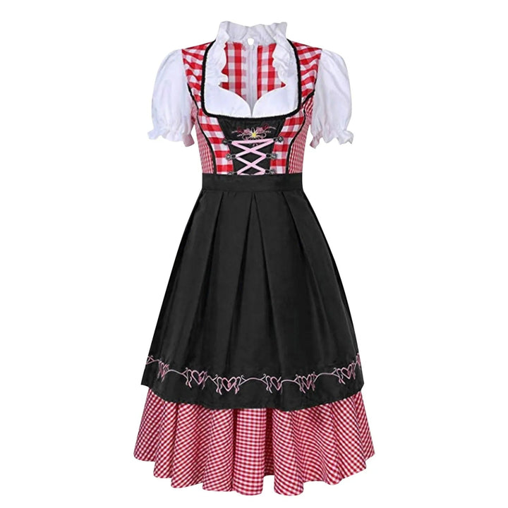 Traditionele dames dirndl jurk met ruitpatroon, ideaal voor Oktoberfest, comfortabel en authentiek Beiers design.