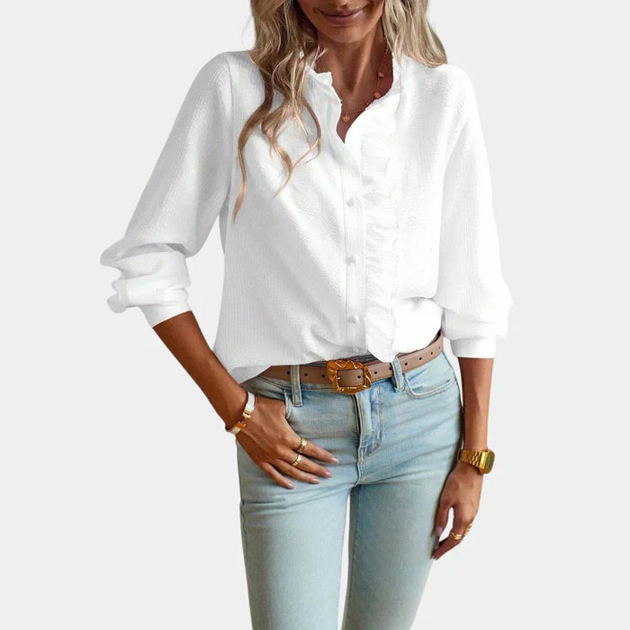 Comfortabele lente/zomer gestreepte blouse voor dames met ruches en knoopsluiting, modieus en veelzijdig.