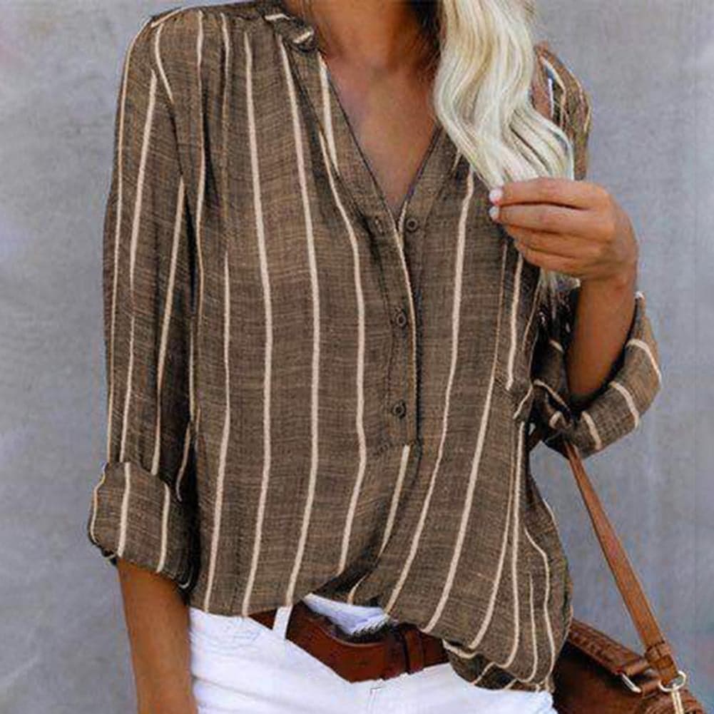 Dames gestreepte blouse met V-hals en lange mouwen, losse pasvorm, ideaal voor een casual of zakelijke voorjaarslook.
