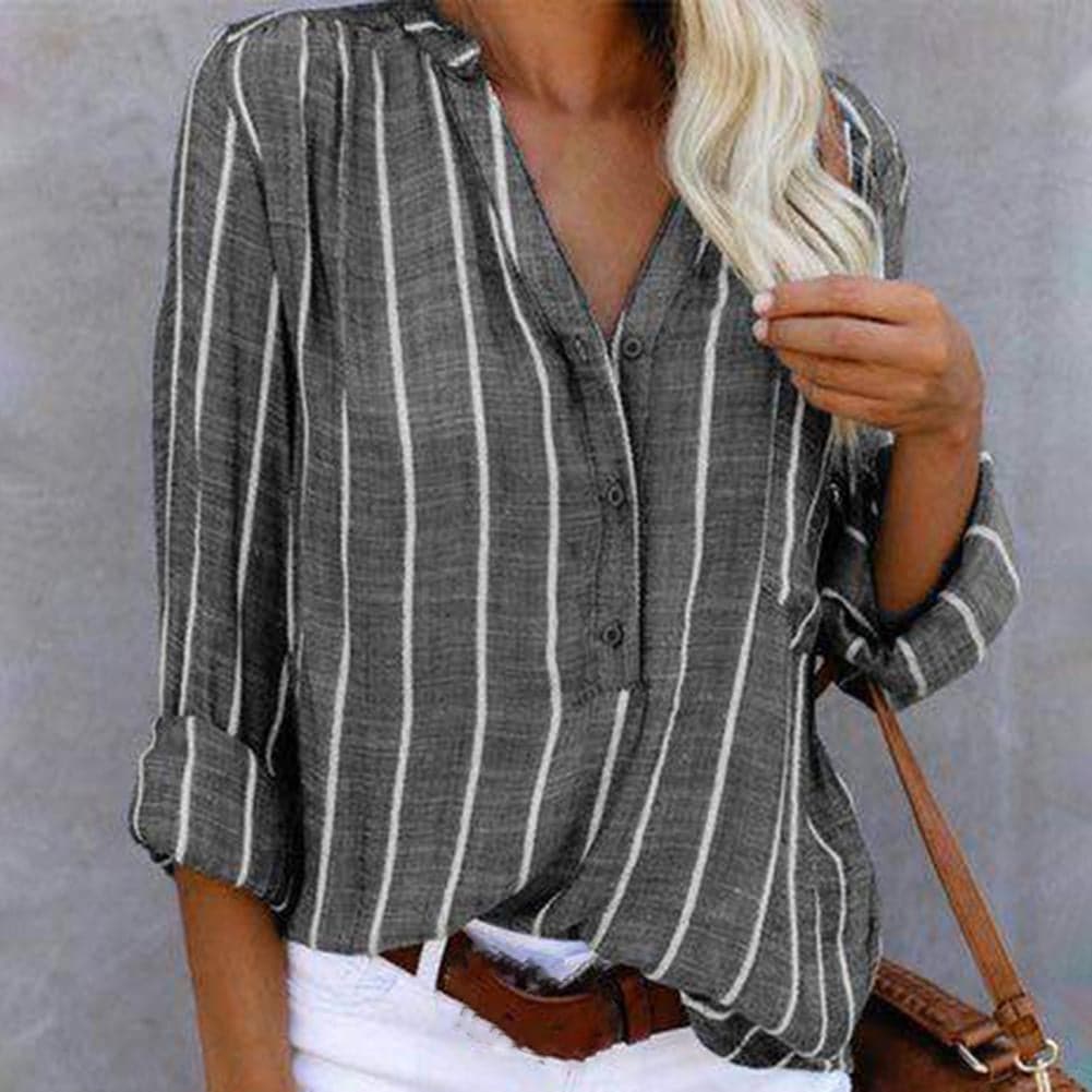 Elegante gestreepte damesblouse met V-hals, comfortabel en modieus, perfect voor een tijdloze voorjaars- of zomeroutfit.