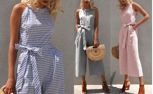 Luchtige gestreepte dames jumpsuit met halternek. Wijde pijpen, ideale zomeroutfit met een casual chic twist.