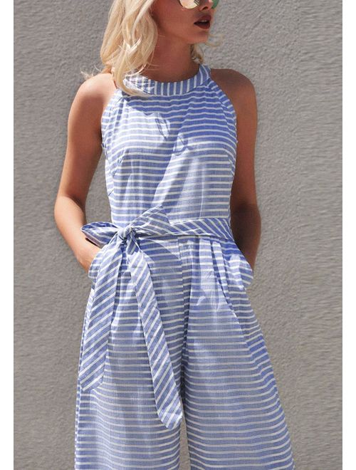 Zomerse gestreepte jumpsuit voor dames. Halternek, wijde pijpen en comfortabele stof. Perfecte pasvorm (S-XL).