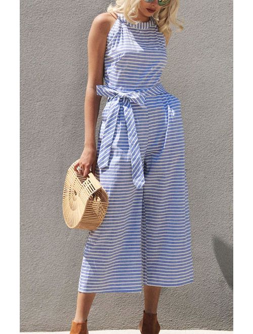 Chique gestreepte dames jumpsuit met halternek. Wijde pijpen voor een elegante en luchtige zomeroutfit.