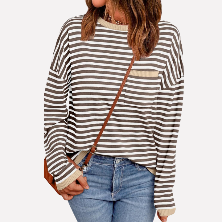 Gebreide dames trui met lange mouwen & losse pasvorm. Stijlvolle gestreepte pullover voor casual kleding.