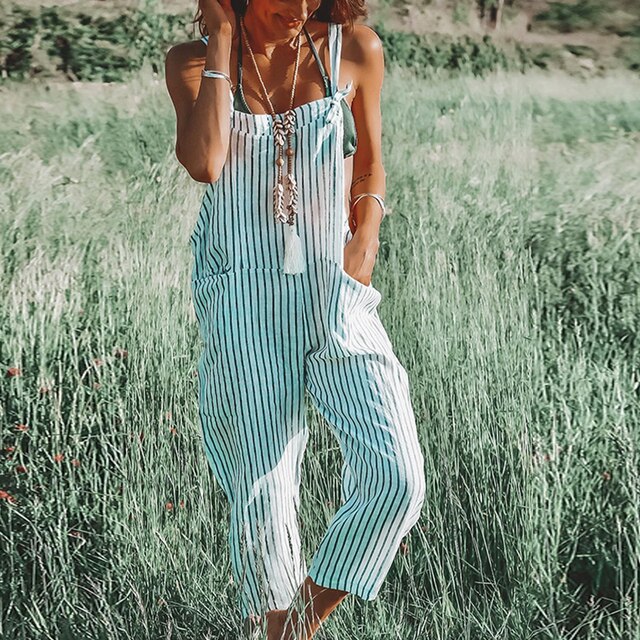 Comfortabele dames jumpsuit met losse pasvorm en gestreepte print. Perfect als zomerse playsuit.