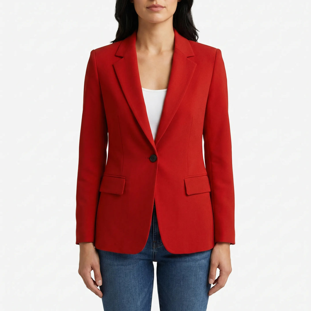 Elegante getailleerde damesblazer met lange mouw en enkele knoop, creëert een slank silhouet voor vrouwen.
