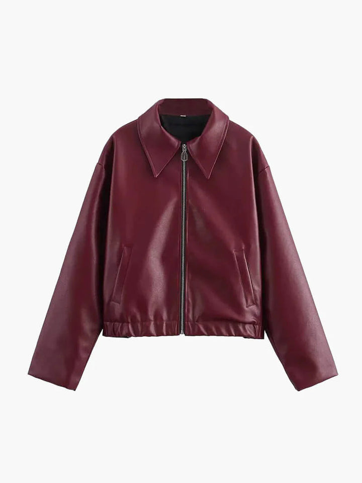 Trendy dames getailleerde imitatieleer jas in diep bourgondië, perfect voor een edgy en stijlvolle look.