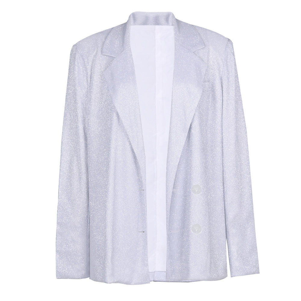 Elegant dames feestpak met glitters. Stijlvolle blazer, broek en top voor elke feestelijke gelegenheid.