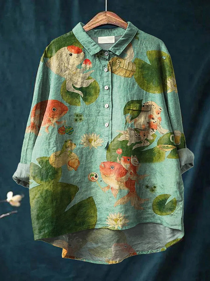 Button-up dames blouse met lange mouwen en unieke grafische print, casual en chic.