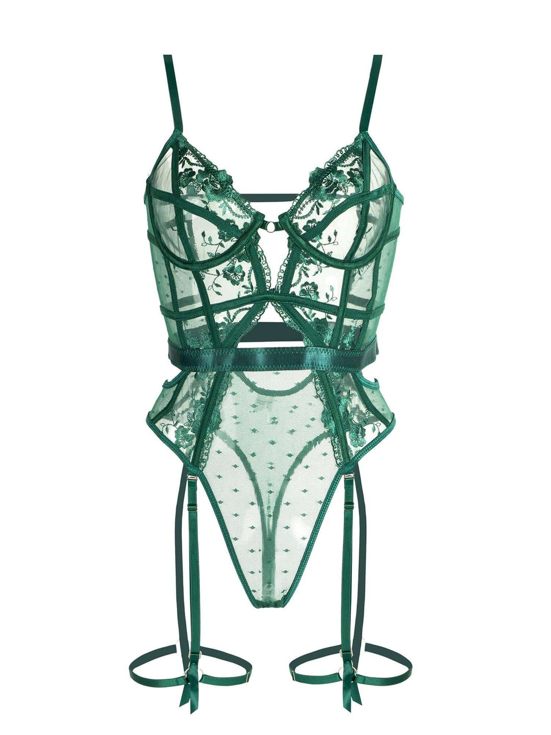 Prachtige groene kanten body lingerie voor dames, met beugel en aanpasbare pasvorm.