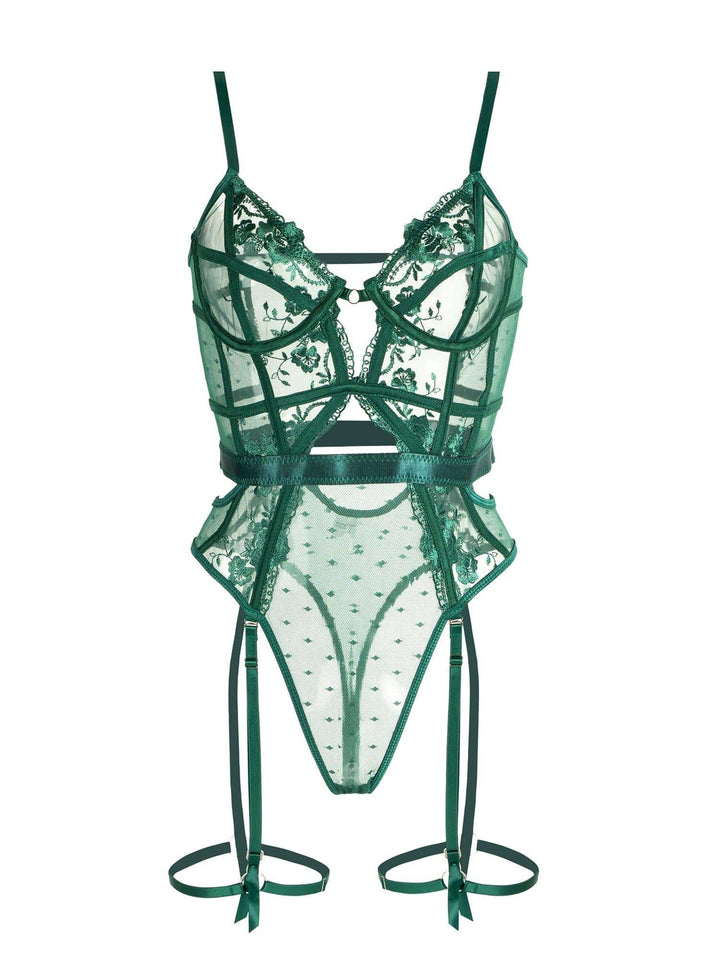 Prachtige groene kanten body lingerie voor dames, met beugel en aanpasbare pasvorm.