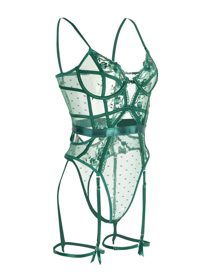 Sexy smaragdgroene kanten nachtkleding body voor dames, met beugel en comfortabele verstelbare pasvorm.