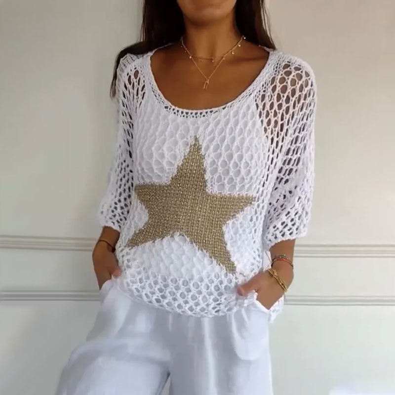 Dames haakblouse Noelle met ronde hals, stijlvol en luchtig. Perfecte zomer top.