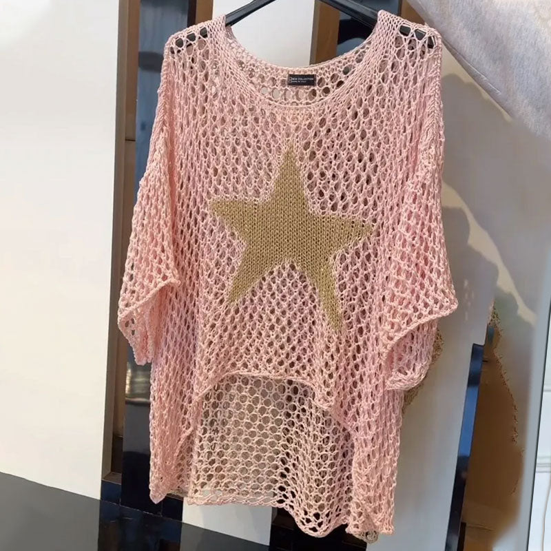 Trendy bohemian festival haakblouse Noelle met ronde hals, ideaal voor strand en zomerkleding.