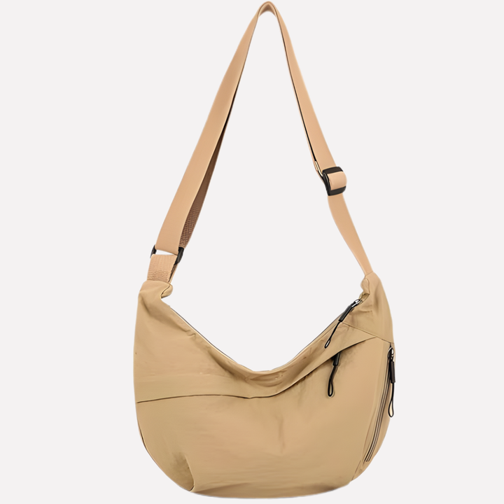 Zwarte halvemaan crossbody tas voor dames, een stijlvolle nylon schoudertas met verstelbare band.