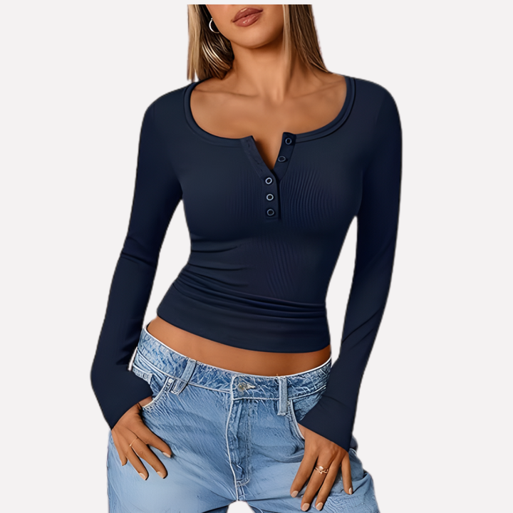 Comfortabele dames top met lange mouwen en Henley kraag, een veelzijdige keuze voor elke dag.