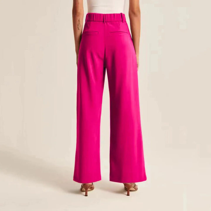 Khaki dames high waist broek met wijde pijpen, ideaal voor kantoor of casual zomerlooks.