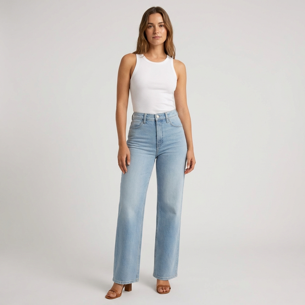 Dames hoge taille rechte cropped jeans. Ideaal voor casual lente- en zomeroutfits met comfortabele pasvorm.
