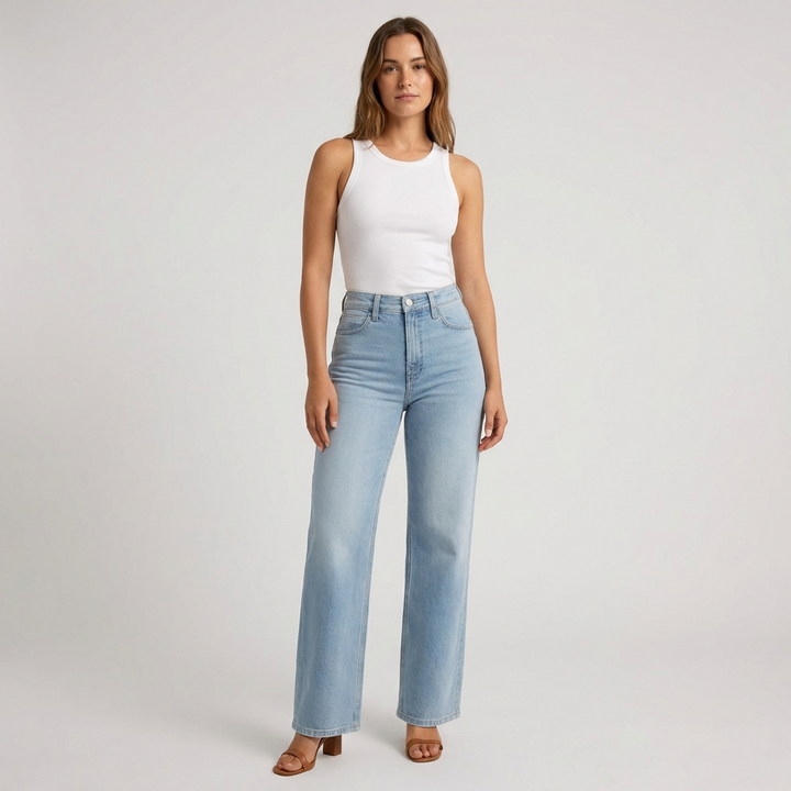 Dames hoge taille rechte cropped jeans. Ideaal voor casual lente- en zomeroutfits met comfortabele pasvorm.