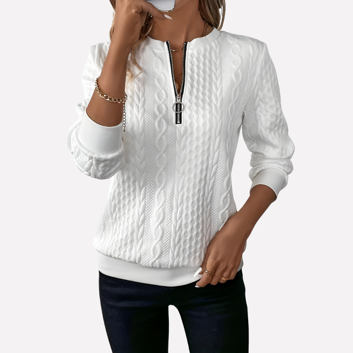 Dames kabelgebreide pullover met ritskraag, warm & stijlvol voor winter en herfstmode.