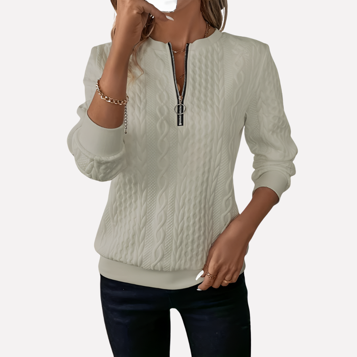 Trendy dames pullover, kabelgebreid met ritskraag, veelzijdig en comfortabel. Casual elegant.