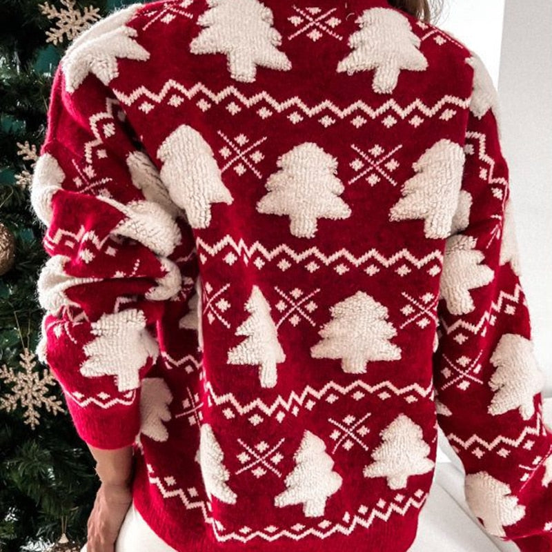 Trendy dames kersttrui met vrolijke kerstboom print; comfortabele feestkleding voor haar.