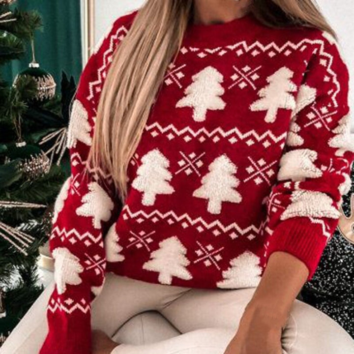 Kersttrui voor vrouwen met gedetailleerde kerstboomprint; modieuze en warme feesttrui.