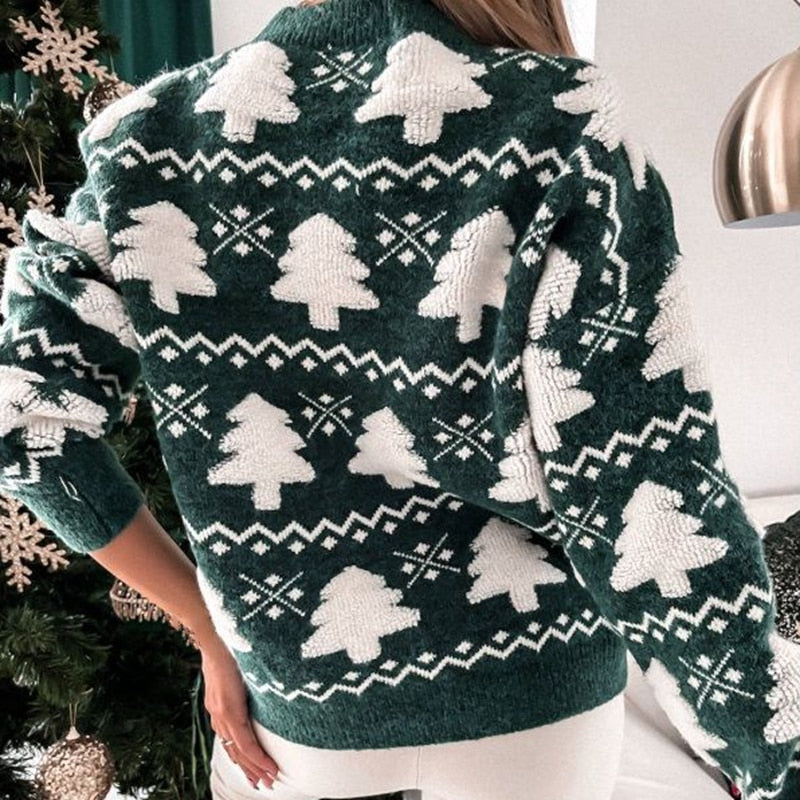 Feestelijke dames kersttrui met sprankelende kerstboomprint; de perfecte outfit voor kerst.