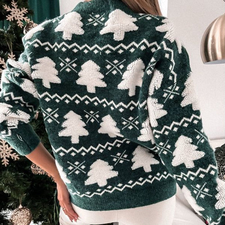 Feestelijke dames kersttrui met sprankelende kerstboomprint; de perfecte outfit voor kerst.