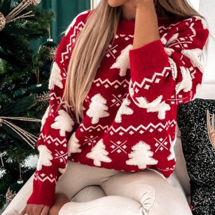 Mooie dames kersttrui met levendige kerstboom print, comfortabel en stijlvol voor de kerstperiode.