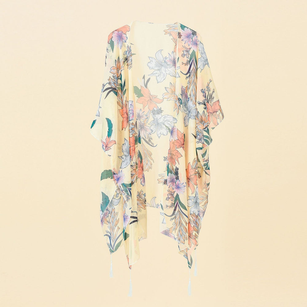 Boho dames kimono cover-up met vrolijke bloemenprint en tassels, ideaal voor een relaxte vakantie.