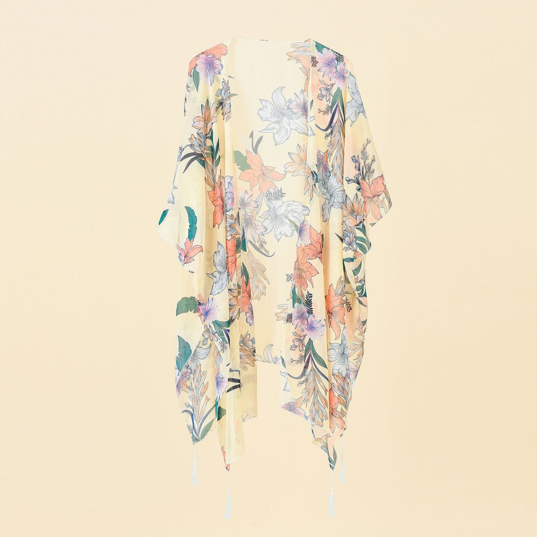 Boho dames kimono cover-up met vrolijke bloemenprint en tassels, ideaal voor een relaxte vakantie.