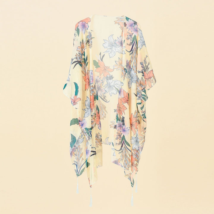 Boho dames kimono cover-up met vrolijke bloemenprint en tassels, ideaal voor een relaxte vakantie.