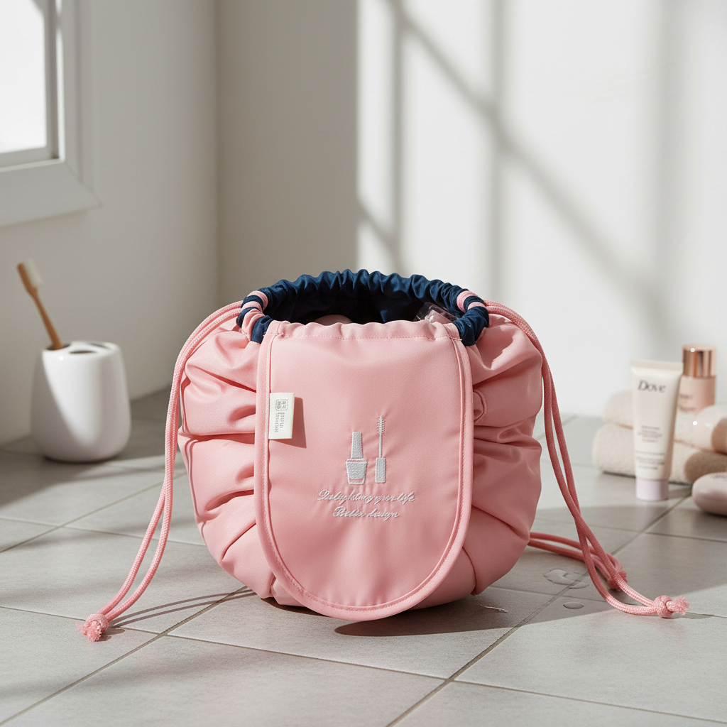 Dames Koreaans geïnspireerde toilettas met trekkoord, ideaal voor cosmetica en make-up. Stijlvolle reisorganizer.