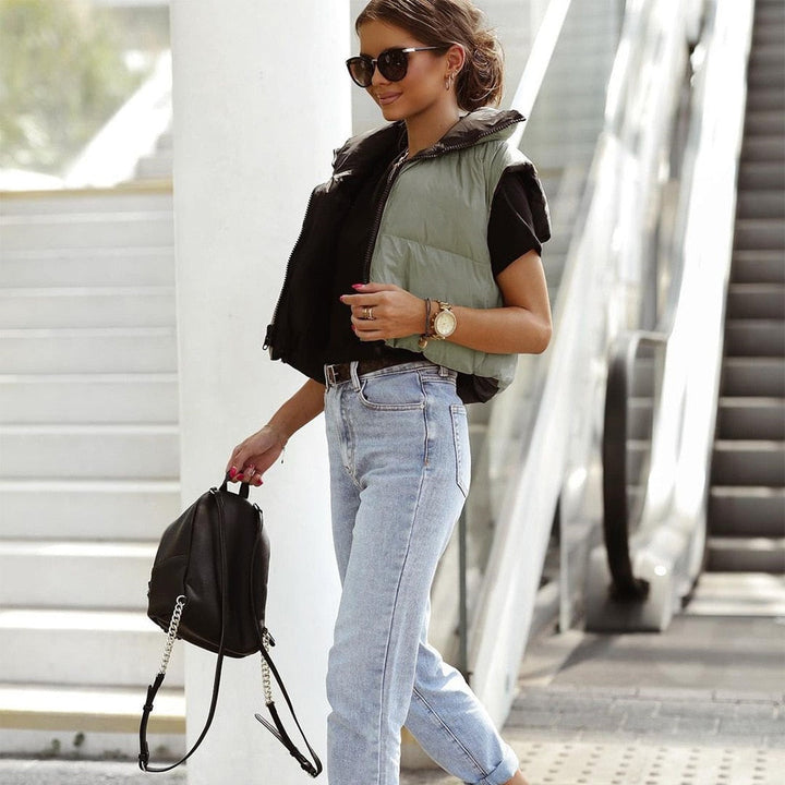 Omkeerbare dames bodywarmer, korte stijlvolle overgangsjas, perfect voor een casual lentelook.