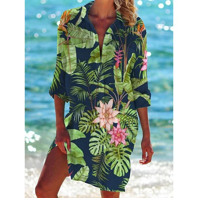Casual dames Hawaii bloemenprint blouse voor zomerse dagen. Veelzijdig en luchtig, perfect voor damesmode.
