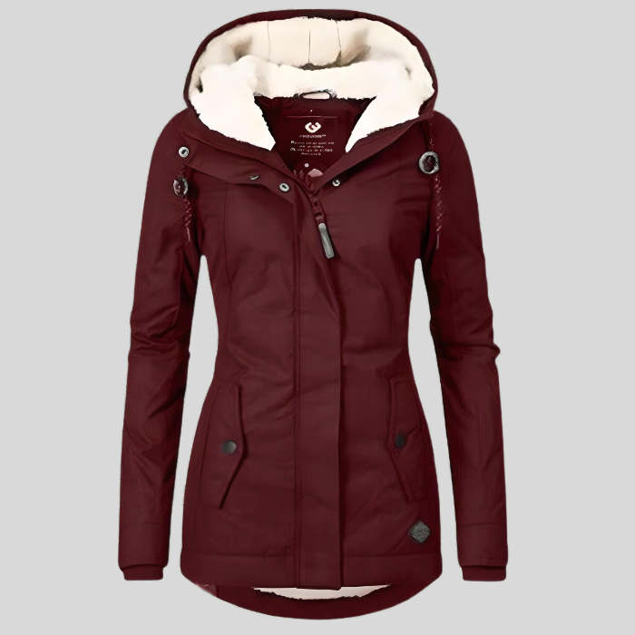 Modieuze lange dames winterjas met capuchon en warme voering. Stijlvolle waterdichte wintermode.