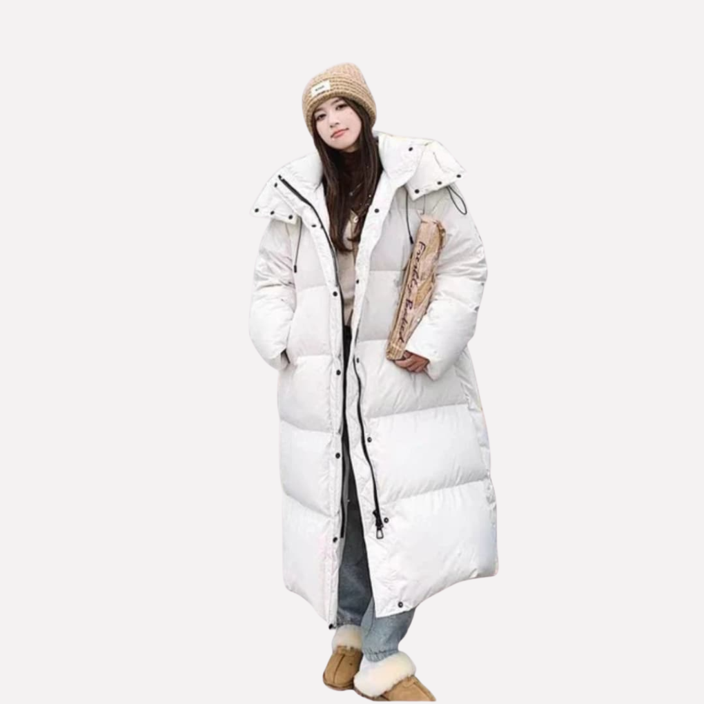 Dames lange zwarte pufferjas met capuchon, ideaal als warme winterjas en gewatteerde jas.