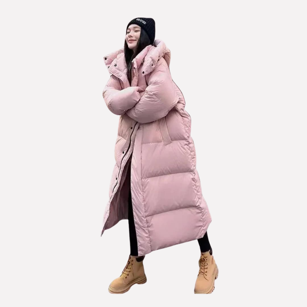 Casual dames lange pufferjas met capuchon voor dagelijks gebruik, een modieuze en warme winterjas.