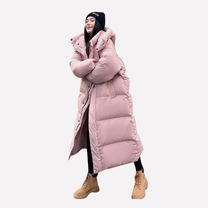 Casual dames lange pufferjas met capuchon voor dagelijks gebruik, een modieuze en warme winterjas.