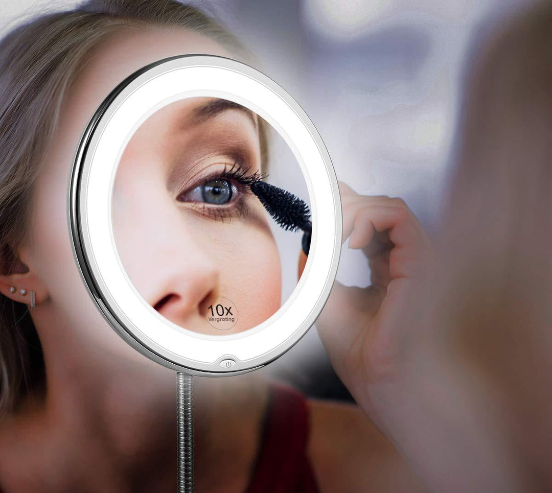 Dames LED make-up spiegel met flexibele zwanenhals en 10x vergroting voor precisie cosmetica en beauty.