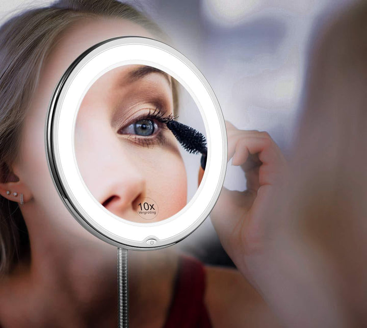 Dames LED make-up spiegel met flexibele zwanenhals en 10x vergroting voor precisie cosmetica en beauty.
