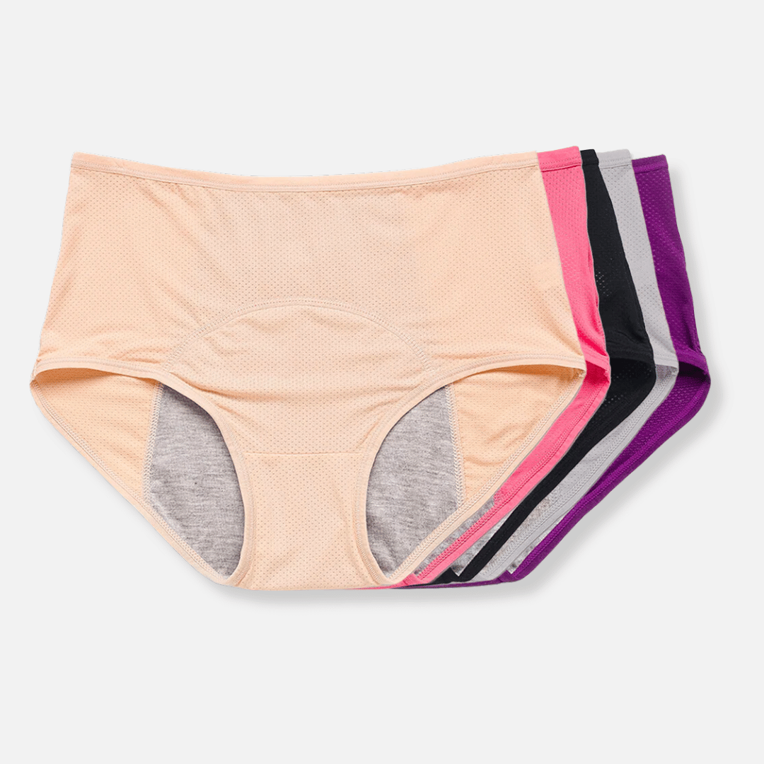Gevouwen stapel van Aurora lekvrije dames slipjes, klaar voor gebruik met comfort en zekerheid.